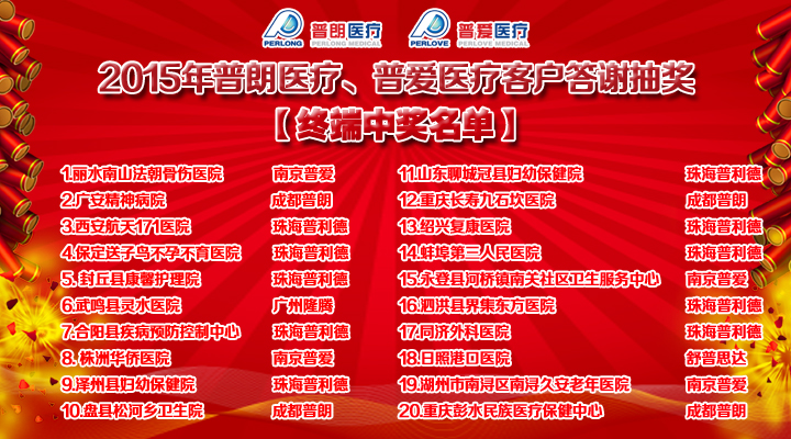 2015年普朗醫(yī)療、普愛醫(yī)療客戶答謝抽獎結(jié)果終端中獎名單